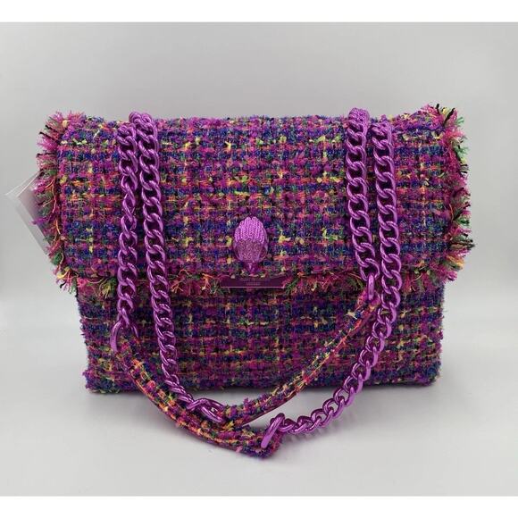 NWT Kurt Geiger Kensington Large Pink Tweed Flap Chain Bag Metallic Crossbody - Picture 3 of 12